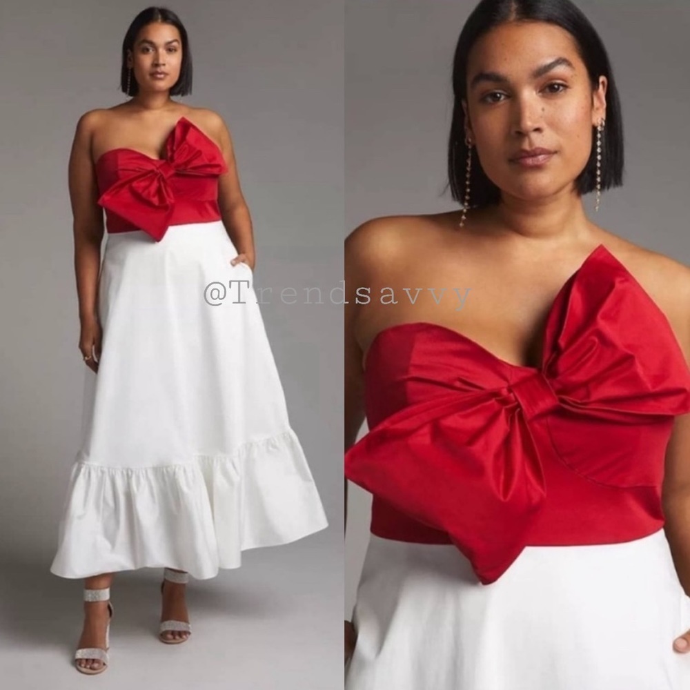 Anthropologie Hutch Red White Strapless Bow Maxi Dress Flounce Hem Women 8